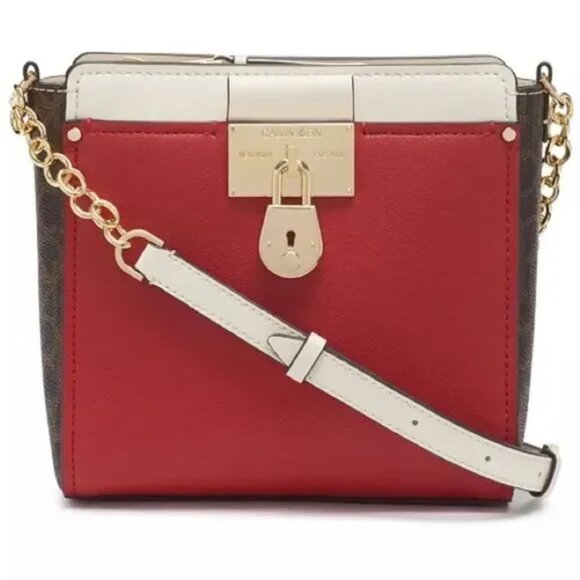 CALVIN KLEIN Camille Crossbody Purse Red Cream Brown With Gold Hardware Strap - Picture 1 of 16